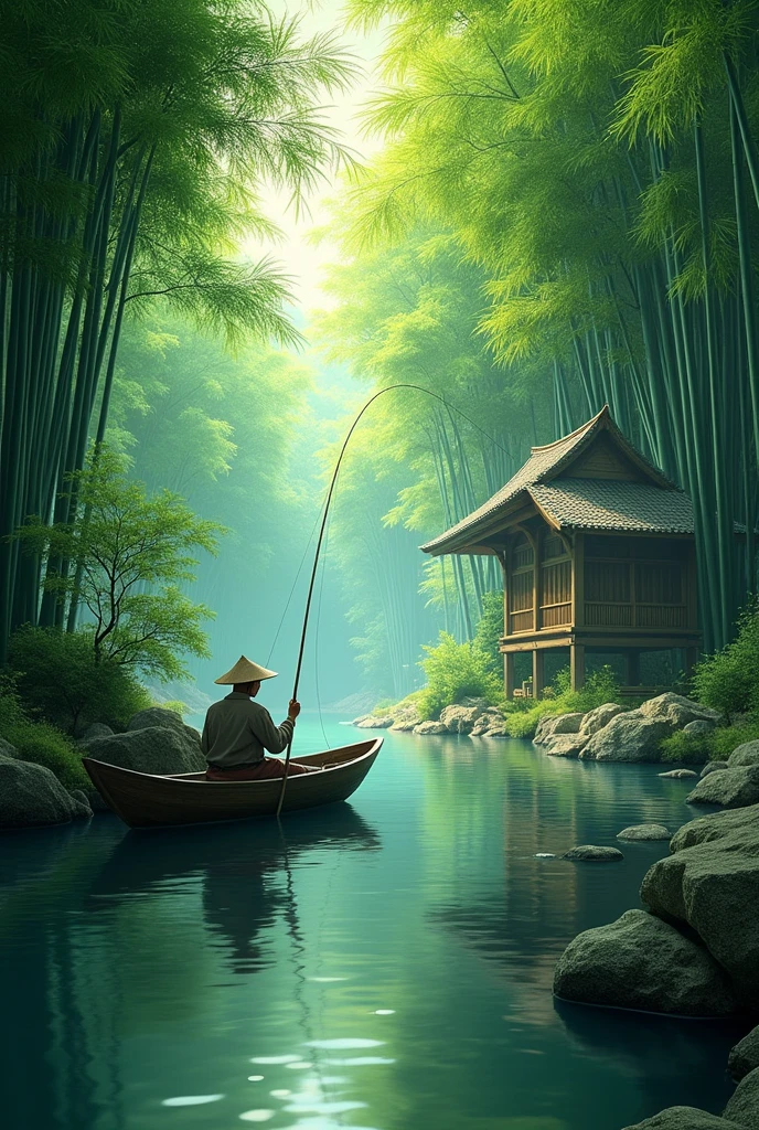 a lush bamboo forest, a tranquil stream running through, a rustic bamboo hut, a fisherman in a small boat, (best quality,4k,8k,highres,masterpiece:1.2),ultra-detailed,(realistic,photorealistic,photo-realistic:1.37),vibrant colors,natural lighting,serene atmosphere,stunning landscape,detailed foliage,reflections in water,traditional asian architecture,weathered bamboo textures,skilled fisherman pose