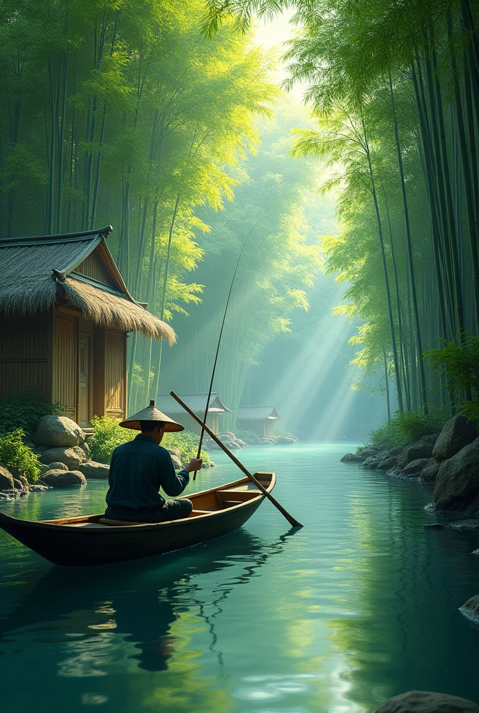 a lush bamboo forest, a tranquil stream running through, a rustic bamboo hut, a fisherman in a small boat, (best quality,4k,8k,highres,masterpiece:1.2),ultra-detailed,(realistic,photorealistic,photo-realistic:1.37),vibrant colors,natural lighting,serene atmosphere,stunning landscape,detailed foliage,reflections in water,traditional asian architecture,weathered bamboo textures,skilled fisherman pose