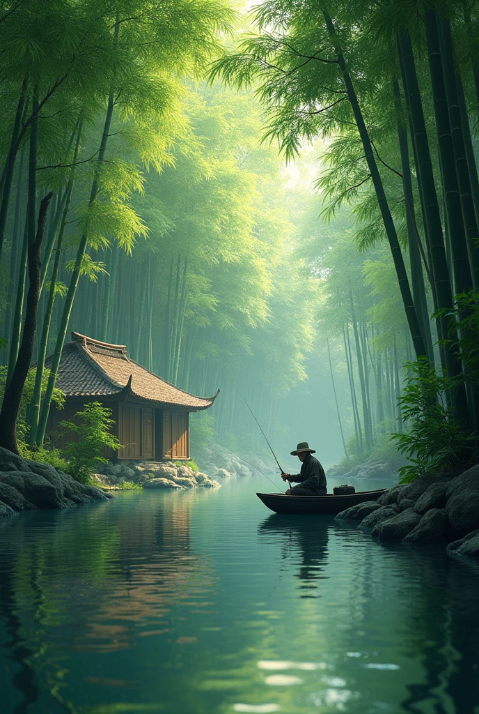 a lush bamboo forest, a tranquil stream running through, a rustic bamboo hut, a fisherman in a small boat, (best quality,4k,8k,highres,masterpiece:1.2),ultra-detailed,(realistic,photorealistic,photo-realistic:1.37),vibrant colors,natural lighting,serene atmosphere,stunning landscape,detailed foliage,reflections in water,traditional asian architecture,weathered bamboo textures,skilled fisherman pose