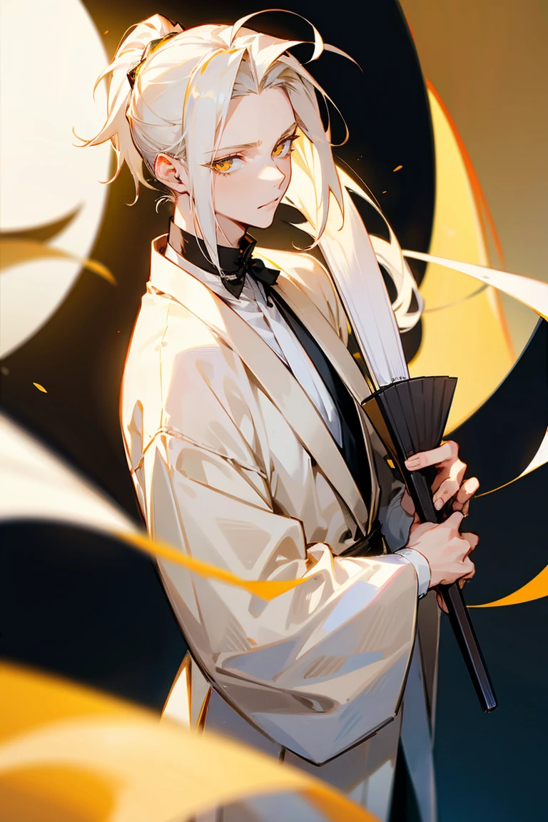 1male , Pale Blonde White Hair , Ponytail , nude , Golden Eyes , Perfect Generation , Adult Male , hand fan