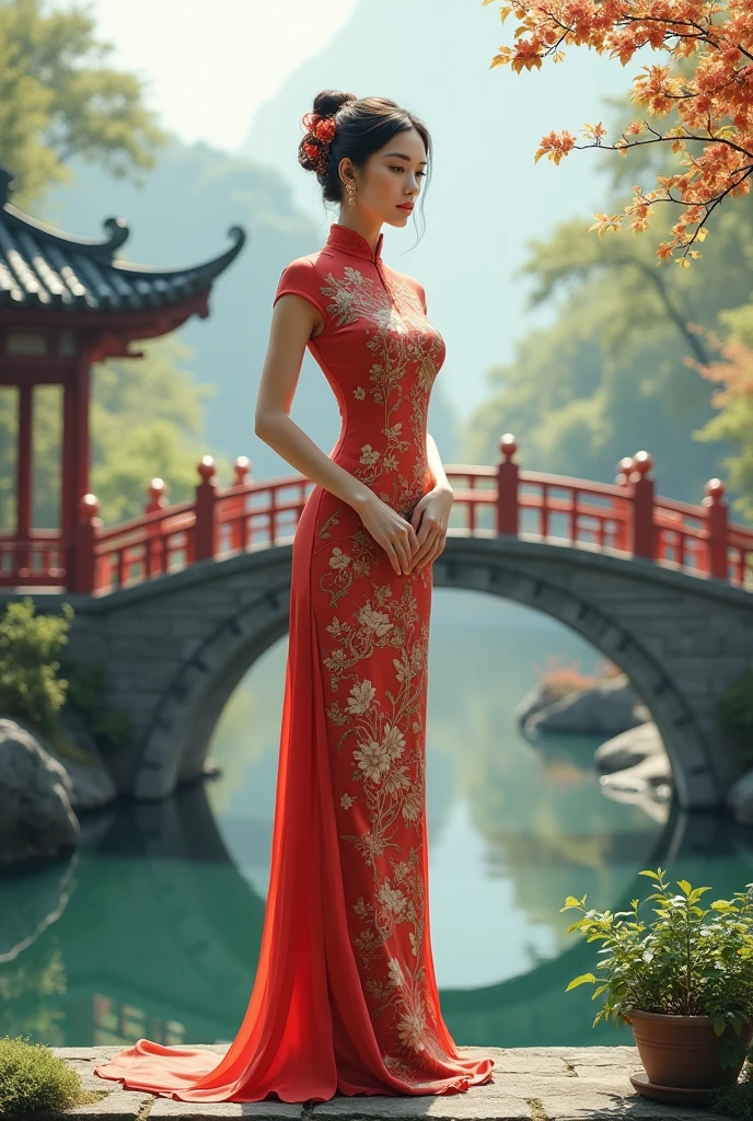 Chinese cheongsam for women，Bridge scenery