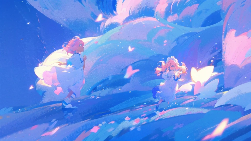 Pink and light blue hair、Girl、In a fantastic light、Perfect Face、Cute face、Blue sky、Maid clothes、Light dances、farewell