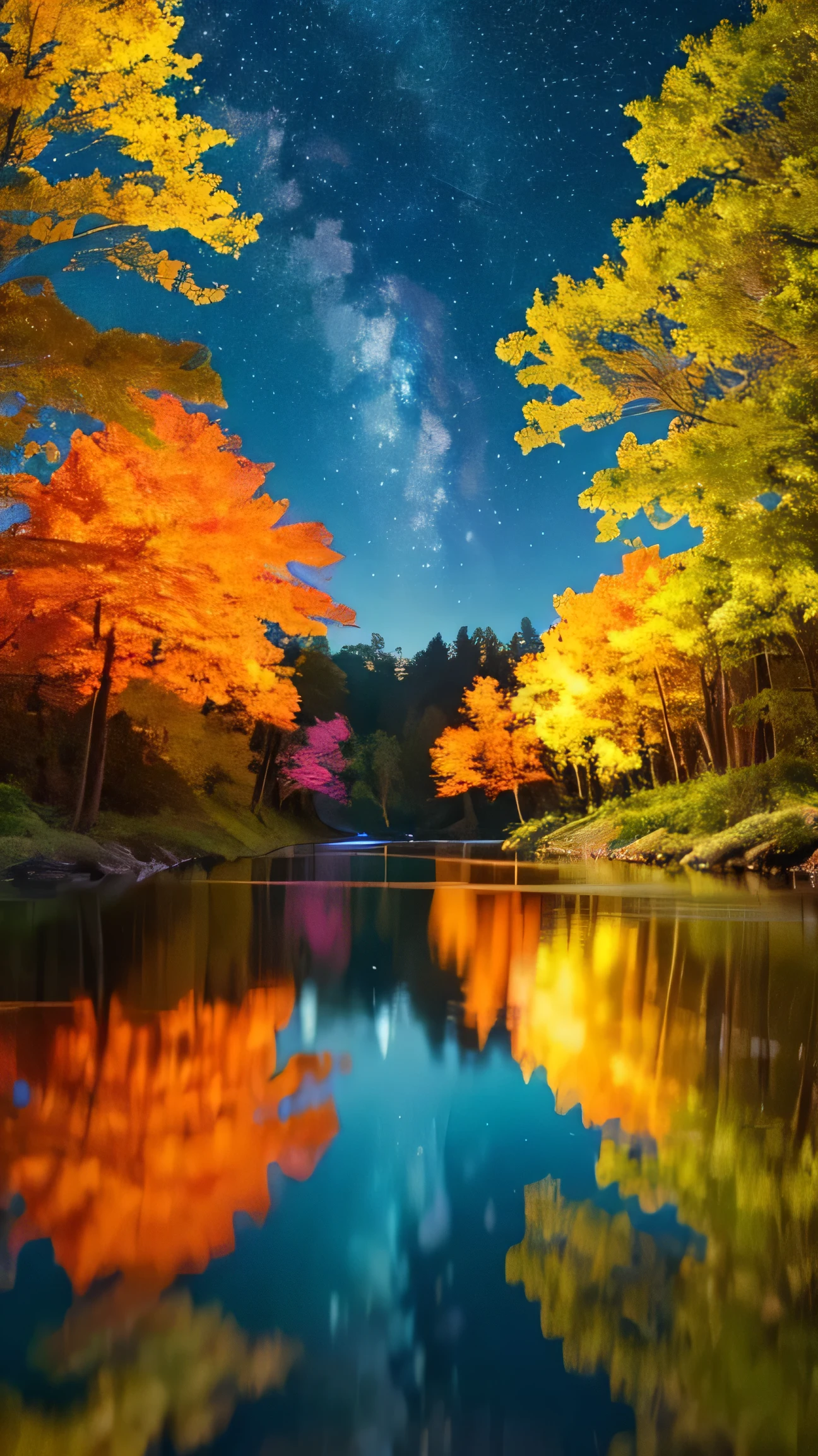 Viral anime nature wallpaper in 4K quality, in the style of Pixar 3D inspired by Coco, showing a lively forest clearing with colorful flowers, animated trees, and a crystal-clear pond reflecting the night sky; warm and festive color temperature, cosmos lighting with stars twinkling in the sky, no human characters, the atmosphere is magical and joyous, ultra detail --v 5 --stylize 1000