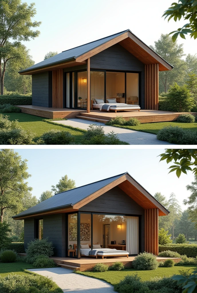 Make a house with 60 square meters, 2 bedrooms, 1 with view, living room with view and kitchen combined with 30cm eucalyptus columns, 2-pitched roof and glass front living room and master bedroom with suite