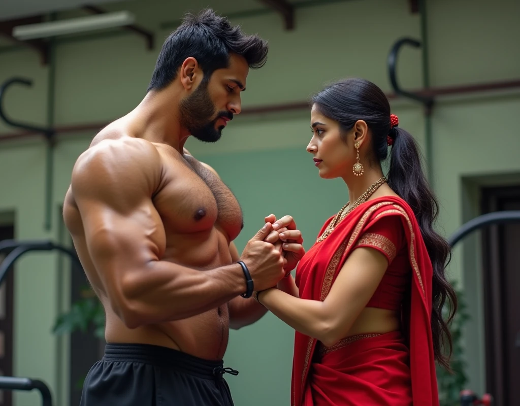 A Masculer body man,hairy chest,wearing Gym uniform,training young slim woman, wearing Red Sari,sindoor mangalsotra,