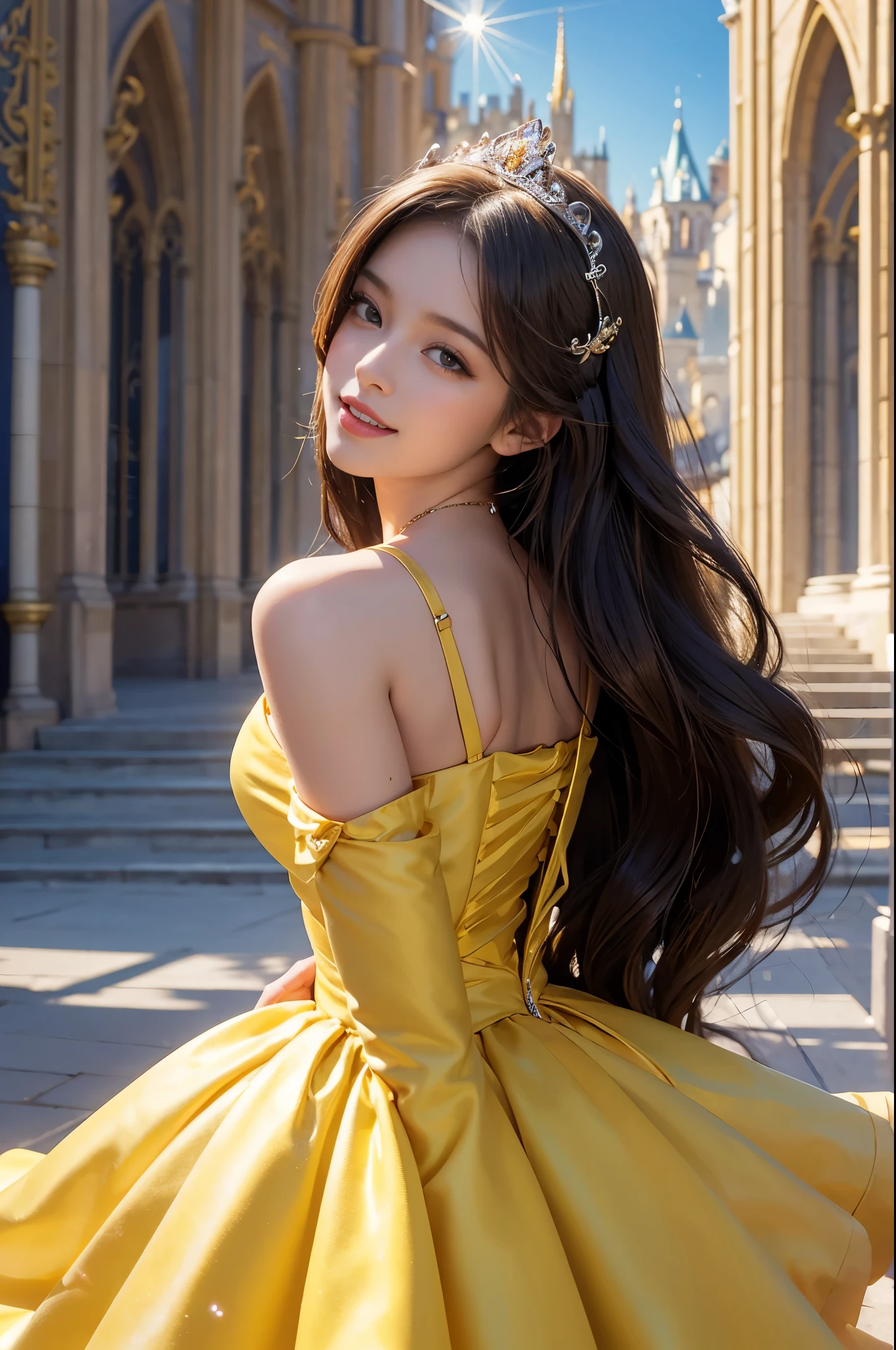 best quality, masterpiece, 1 girl, long hair, A huge laugh, cute teen, shiny lips, sweet, sun glare, Conservative attire, Disney Beauty and the Beast Princess Belle, yellow dress, Bridal Tiara, depth of field, blurred background, Cathedral Background, light particles, strong wind, head tilt