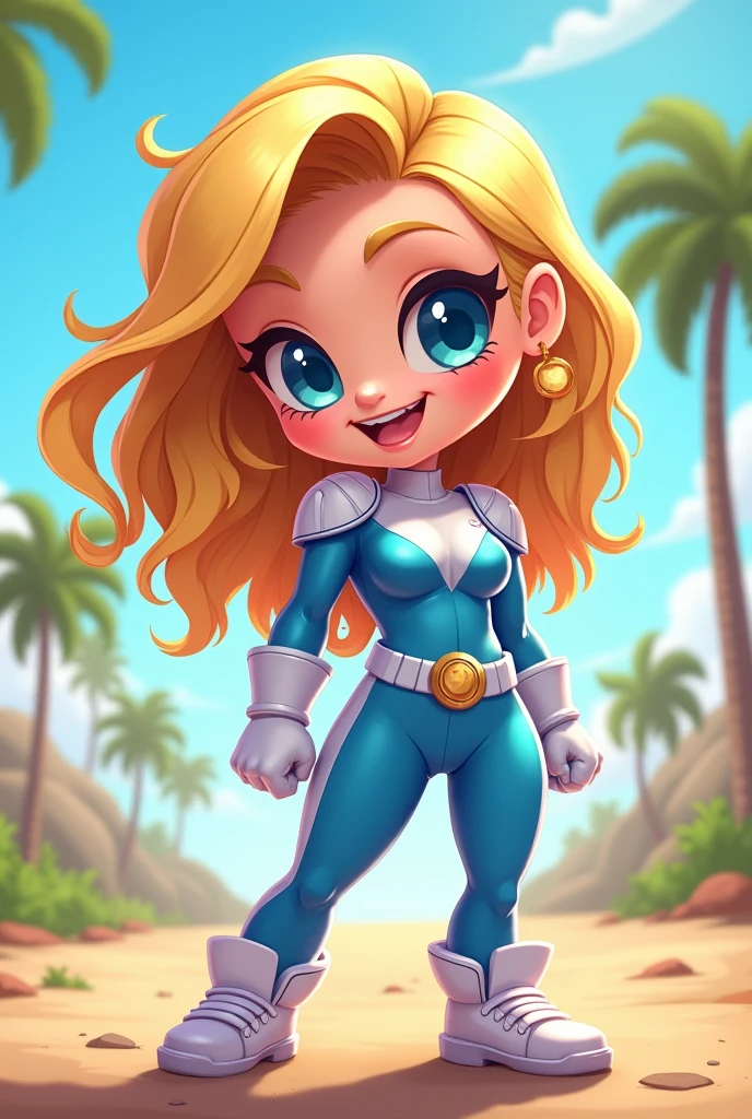 Chibi, fitnes girl, sexy, cute, smile, blue eyes, sunnny day, power rangers blue white latex clothes, ombreira, yellow hair, thicc,cartoon, big breasts
