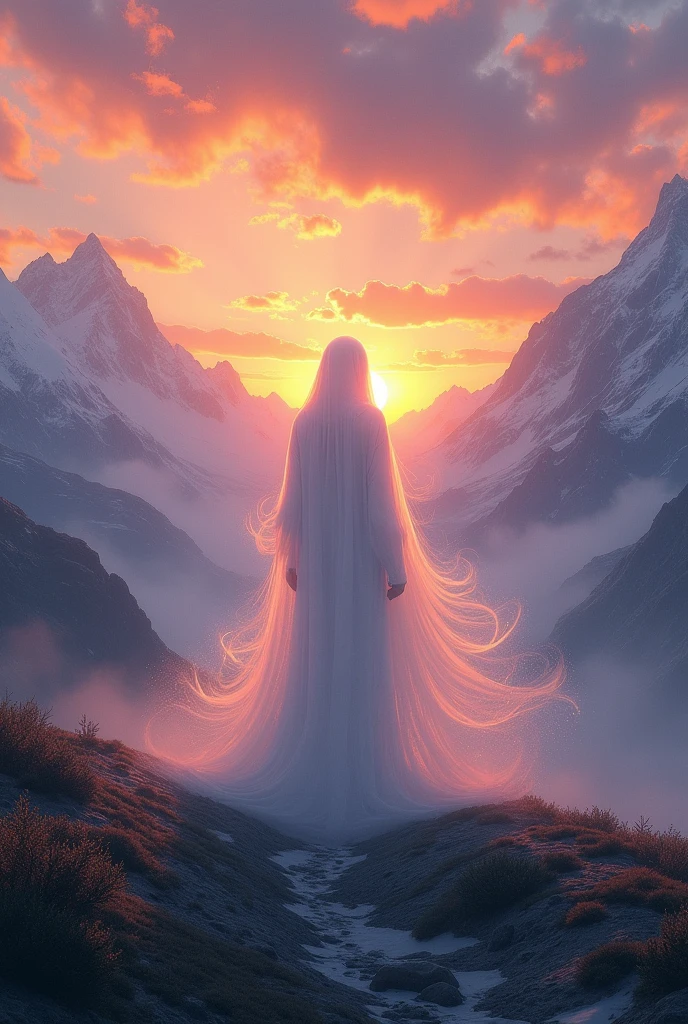 a cripy ghost  in a mountain in sunset