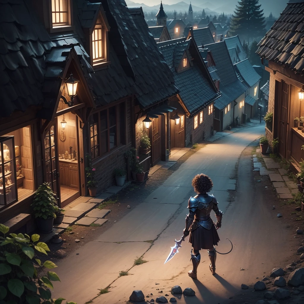 A battle betwen a cute with curly hair versus a big scary demon using weapon and a shiny armor. In the small dark village at night