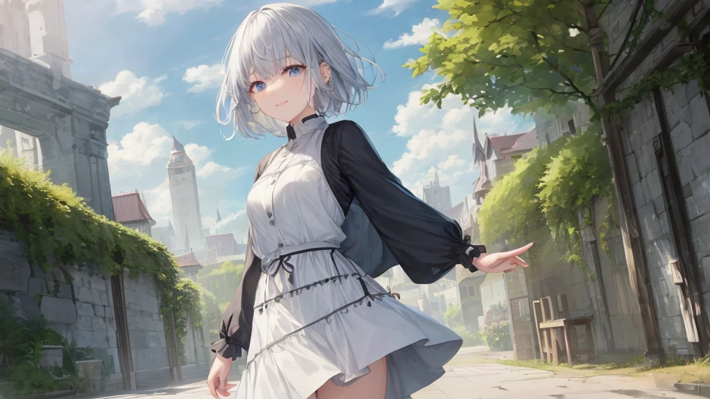 Ultra HD,Look at the viewers, Place your hands behind your back, and, 20-year-old, 非常にshort hair, Long bangs between the eyes, Pale blue eyes, Very detailed,(masterpiece、Highest quality),Gray Hair、Laughter、wonderful, Silver Hair, iris, short hair、 Fluttering Hair、Small face、明るいsmile、(Detailed face) ,Professional Lighting,wonderful風景,blue sky, sunlight,Looking down from above,Portraiture、Open your mouth、Flower Field、Her eyes were shining、Mysterious and enchanting atmosphere。With AI Painting、andてもshort hair, Long bangs between the eyes, Very detailed,(masterpiece、Highest quality)、alone、Gray Hair、Fantasy, Silver Hair, Fantasyな風景、smile、Open your mouth、short hair、short hair、hairpin、black eye、Grey Eyes、Beautiful Eyes、Black Shirt、White hoodie