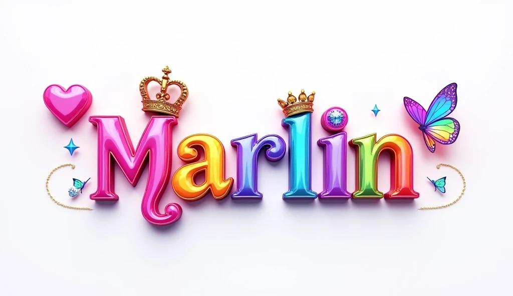 A visually stunning and enchanting 3D text logo titled "Marlin" that exudes royalty and mystique. The elegant font features a delicate heart with a crown and a diamond, and a mesmerizing transparent iridescent butterfly. The logo comes alive with vibrant neon shades of pink, blue, yellow, purple, green, and orange, contrasting boldly against the pristine white background. The pink and lavender hearts on the sides add enchanting charm. This vivid and captivating logo, with its intricate design, bold colors, and 3D render, is perfect for a cinematic experience or architectural design, making a powerful statement in the world of architecture and vibrant 3D render, typography, 3D render, cinematic, graffiti, and conceptual art, and design.