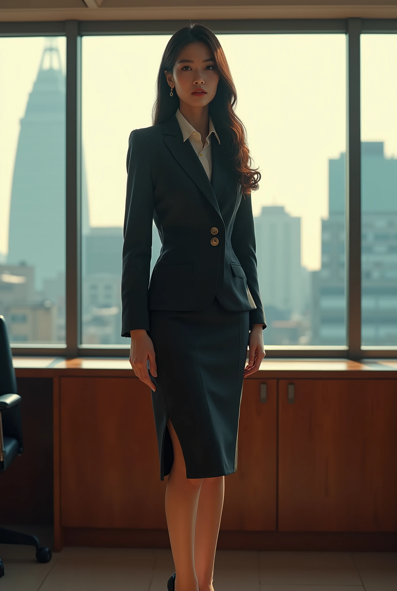 ((80s style)), 1980s japanese office lady, beautiful young woman, attractive, perfect makeup, elegant secretary, detailed face, beautiful eyes and lips, porcelain skin, long hair, business suit, pencil skirt, high heels, office setting, window, city skyline, photorealistic, 8k, highly detailed, cinematic lighting, warm color tone