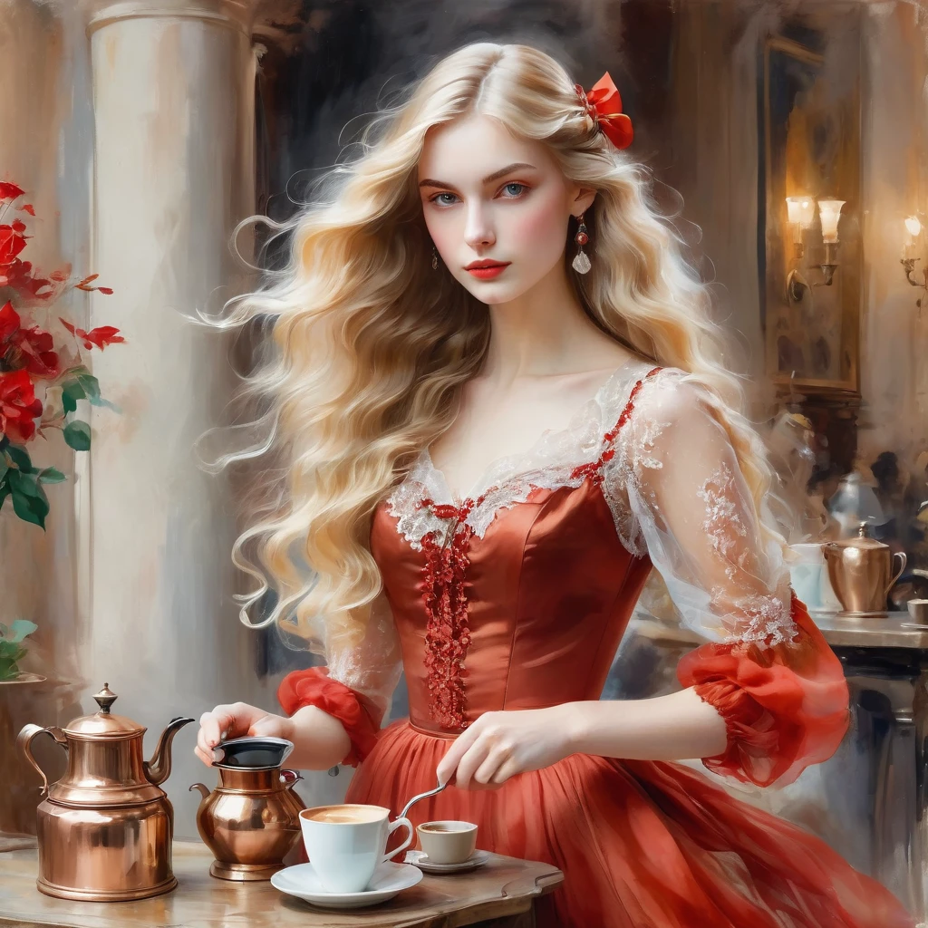 Girl with long wavy blonde hair, brews coffee in a copper cezve, She is wearing a bright red transparent chiffon dress , beautiful lace, the style of the artist John Singer Sargent, eye contact, 8 K,12K,