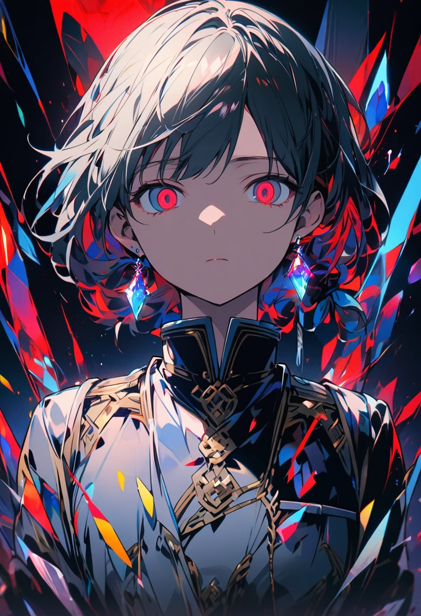 Military uniform、Short Hair、Hair tied up at the bottom、Slit eyes、Wearing crystal earrings with different colors on each side、、1 person、Expressionless、