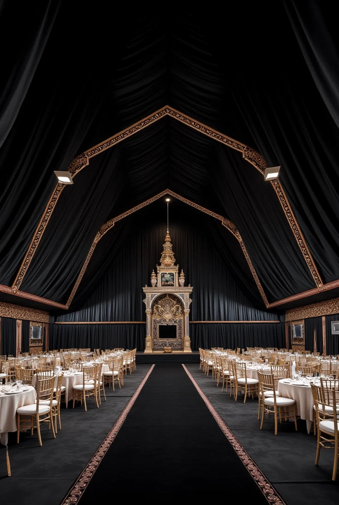 Genoretor a picture of large tent of marriage function with black theme with black roof and carpet with white table and chairs ( Pakistani marriage funtion)