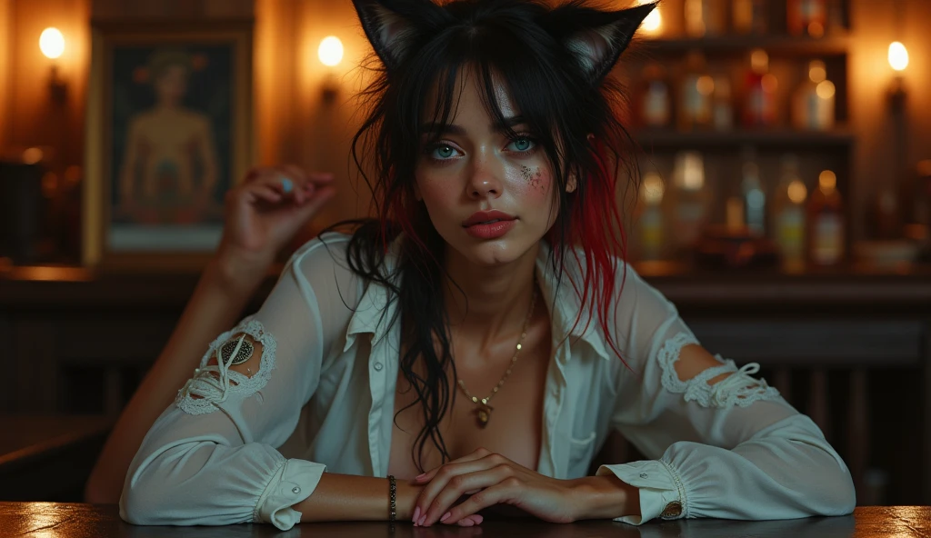 (8K, Best Quality, Masterpiece, Ultra High Definition: 1.2, Ultra Realism), wood tavern, very beautiful woman, natural delicate body, Delightful face, very detailed face, bright soft make-up, large detailed pirate's tatooes on body, sits in seductive vulgar pose, on table, spread legs, moaning in pain, kitsune ears, focus on hips, bokeh, melancholy atmosphere, torned panties, showing female genitalia, Large-size torned Off-shoulder shirt, See-through white torned shirt, small breasts, very detailed natural nipples, long hair, messy hair, brunette hair, bright red highlights, strikingly beautiful blue eyes with sparkles, symmetrical eyes, Dim Lights, full body shot, top view