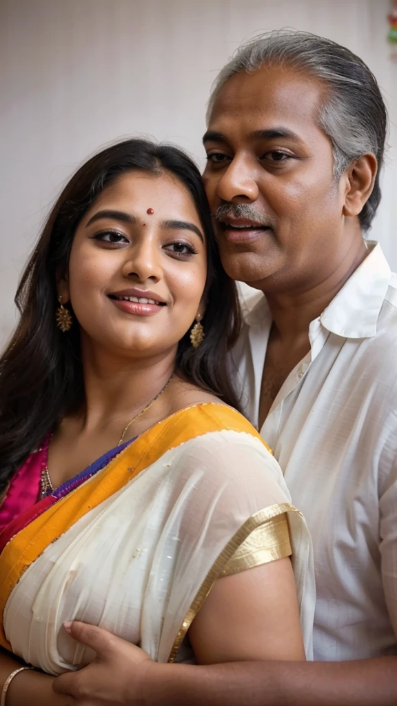 Close up shot, A radiant South Indian, chiffon white colour chiffon saree wearing plus sized girl ,with her curvaceous figure , hugging and kissing on the lips of a jubilant 60 year old joyous embrace in a bedroom, captured in a full body image with vibrant colors and intricate details. Full body image