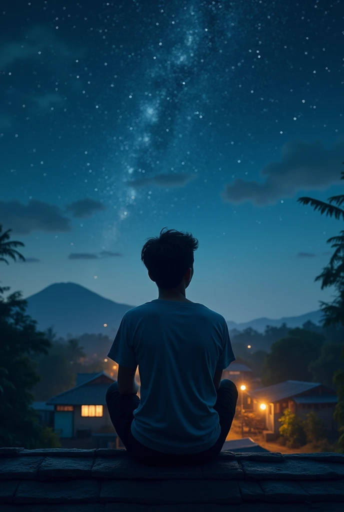 lonely asian man, dramatically sitting on the roof of the house while looking at the beautiful night sky with settlements in Indonesia with a ratio of 9:16