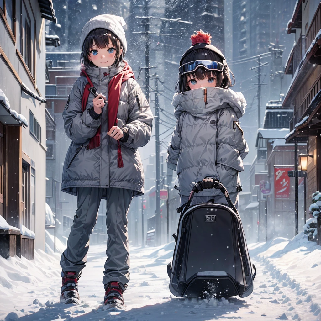 anime, Tabletop, Highest quality, 8k_wallpaper, (Beautiful Eyes), ((Snow is piling up)), cute, (Grey outerwear、Grey trousers),One Girl,small ,1 female student、smile、Brown short hair、(((Snow as far as the eye can see)))、Ski resort on a sunny day、Doing snowboarding、