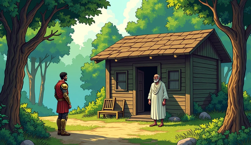Arav Arrives at Sage Bhaskar’s Hut
Description: A comic-style image of Arav standing in front of Sage Bhaskar’s simple wooden hut. The sage, an elderly man with a serene expression, is dressed in white robes and is welcoming Arav with a warm smile. Arav, still in his bronze armor, looks relieved to have found the sage. The hut is surrounded by tall trees, with a calm and peaceful atmosphere.