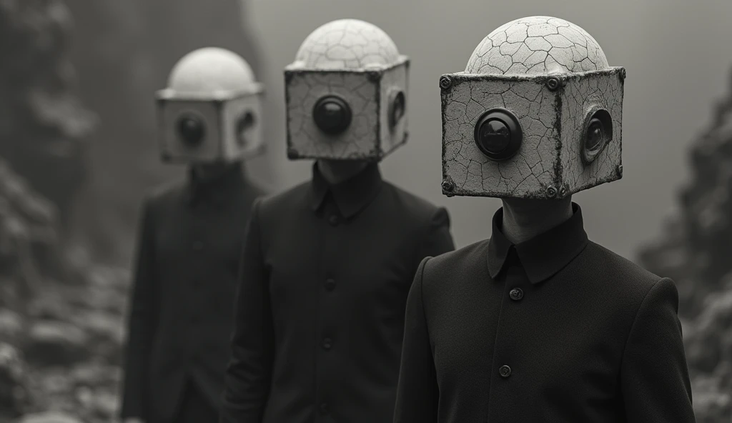 in (full shot:3.1), ((Very old photograph in sepia tone only)), Surreal, monochrome image featuring three individuals with unique and striking appearances. The three figures have a large, (LeMarchand Cube Puzzle)-like structure covering their heads, (with a single large prominent eye in the middle:2.2). Their skin is pale and they have dark, bold lips. The texture of their clothing appears rough and uneven. The individuals are bald with cracked, porcelain-like skin, giving them a doll-like appearance. (They walk in the background of a dark, surreal, textured landscape, enhancing the creepy, supernatural atmosphere of the scene, horrified, deceptive, insane, disgusting, disturbing, disturbing, shocking, vintage, old film:1.5), (inspired by Zdzislaw Beksinski and Wayne Barlowe), cgsociety, 1920s, art deco, 1920s, hyperdetailed, 1920s Hellraiser film, digital illusions, retrofuturistic, cyberspace, photorealistic, artistic visuals inspired by Fritz Lang. ((motion picture film)), ultra-detailed, chiaroscuro, RAW photo, cinematic, artstation style, concept art, masterpiece, 8k, black and white, realistic textures, 3D rendering