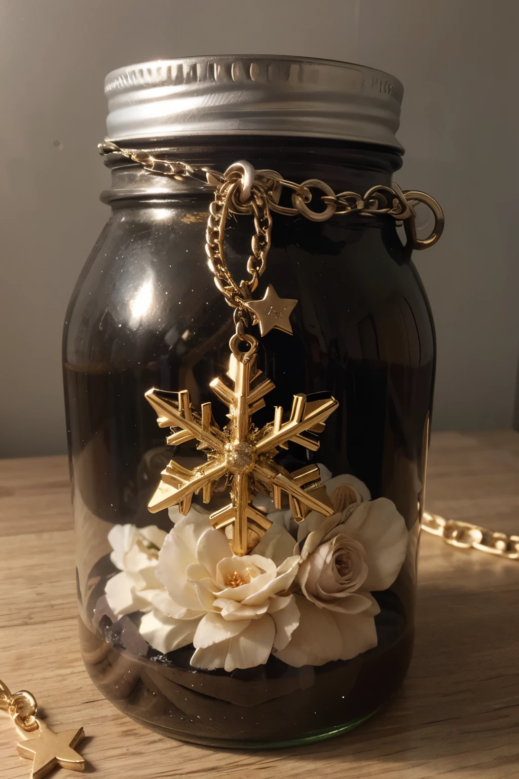 a black hair tie, a purple flower, a star, a snowflake, a golden chain, are inside a jar