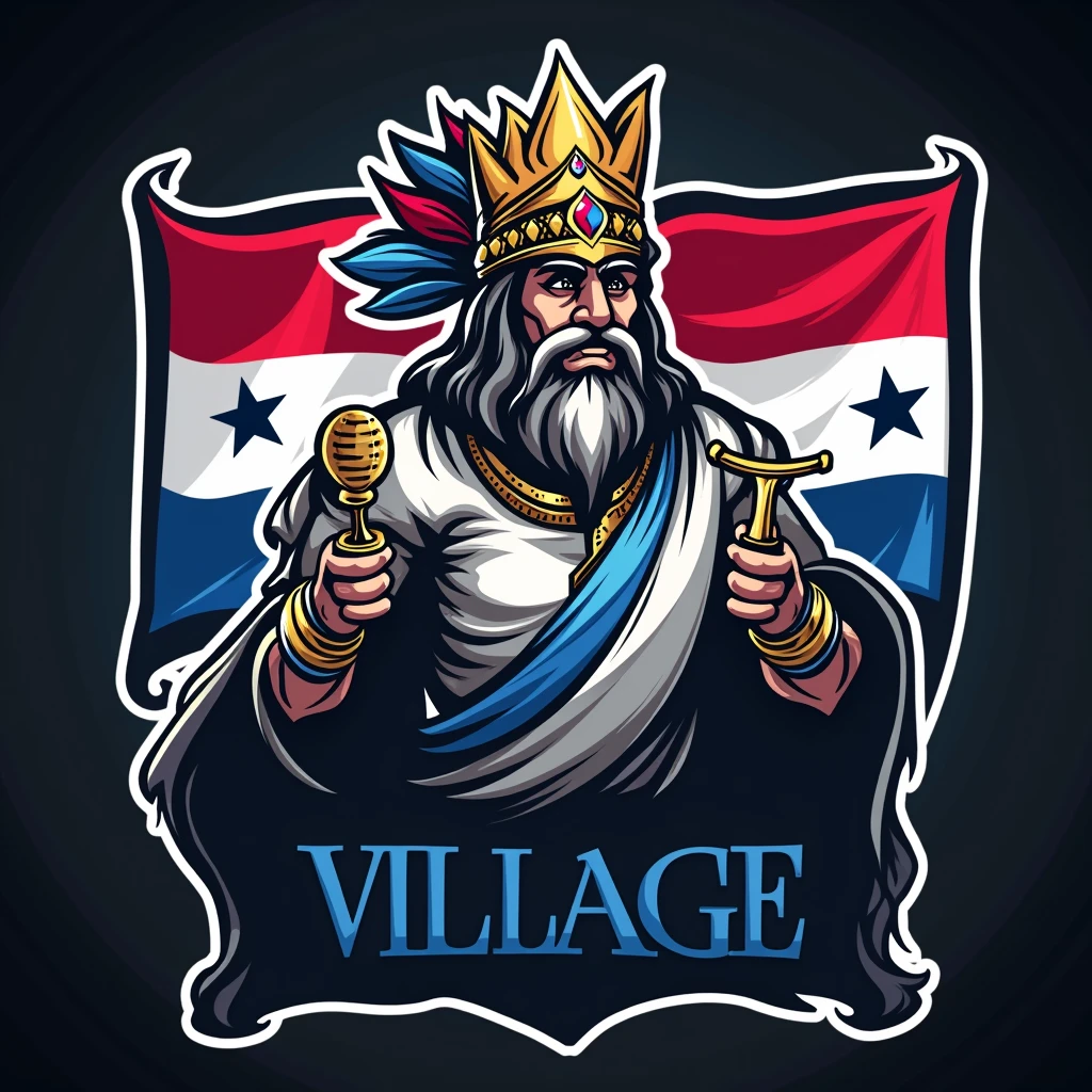 
create a sports logo with the name "village" with an Indian king mascot holding a trophy 