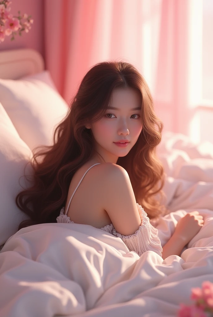 beautiful girl, with long wavy hair, Lying on a bed with white sheets, pink theme