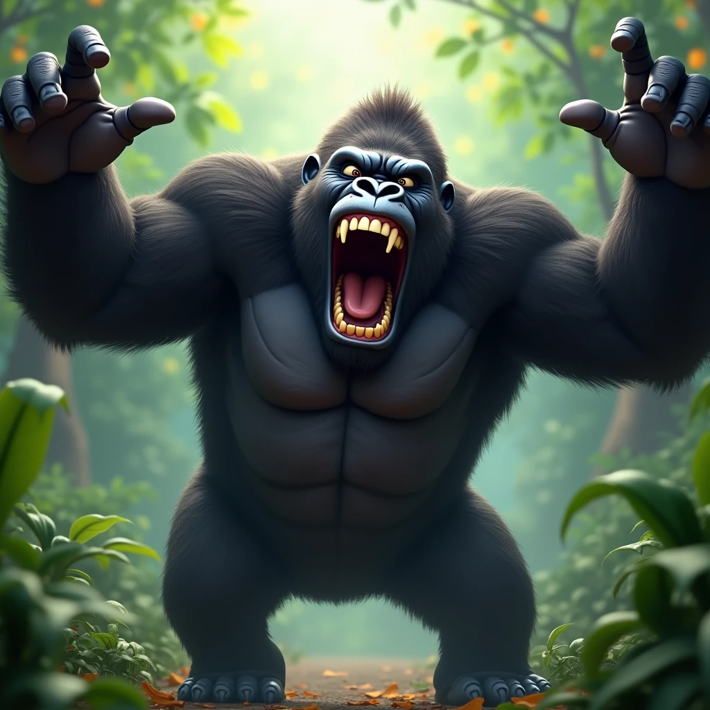 A gorilla laughing with his arms outstretched and thrust forward