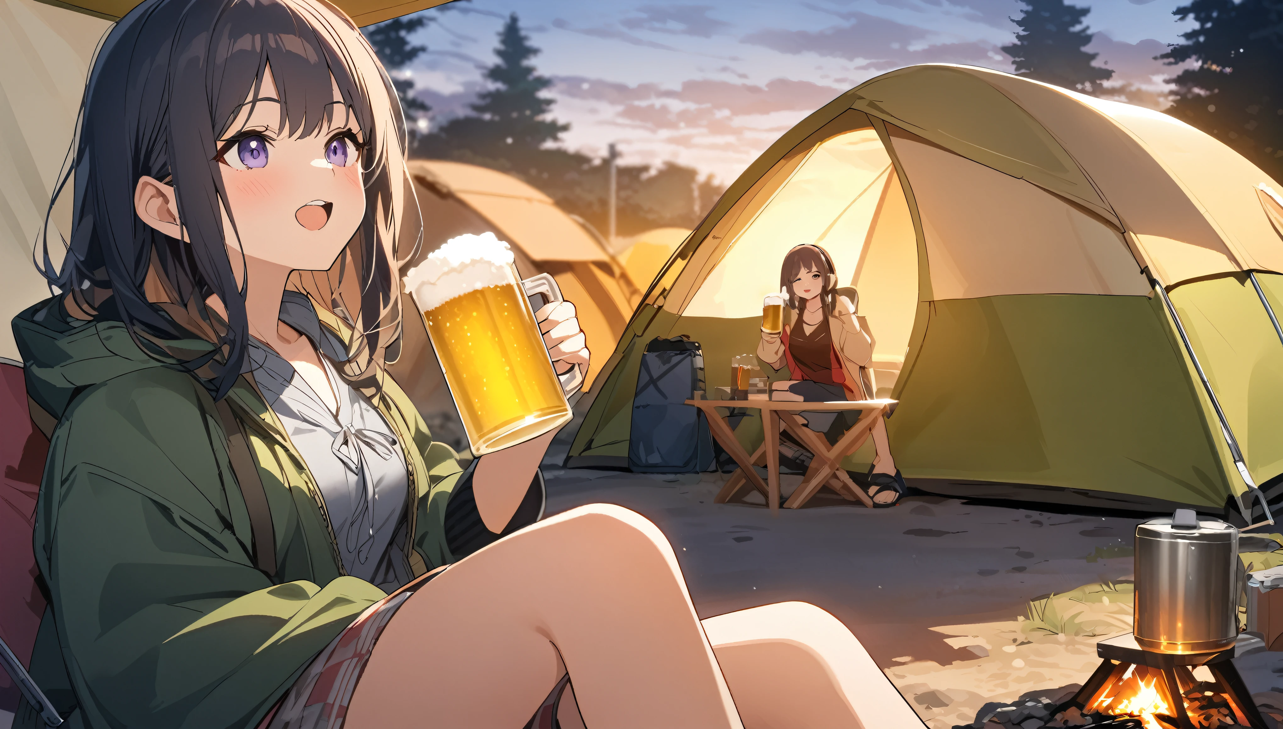 Woman drinking beer while camping,Streetscape、listen to music、Japanese