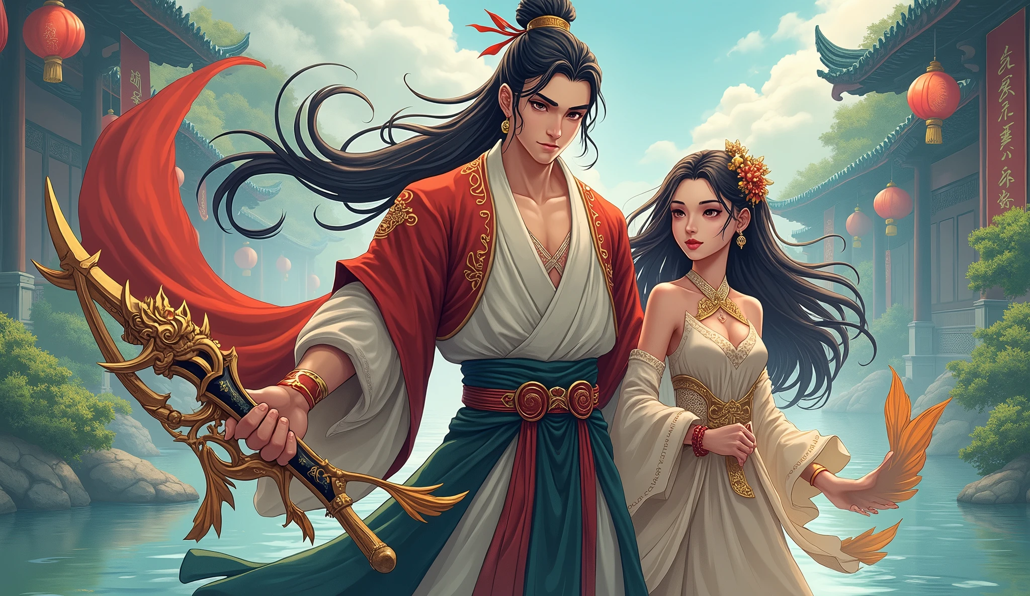 Chinese web novel main character poster anime style man hero with ancient dragon carp weapon pet animal and beatiful girl