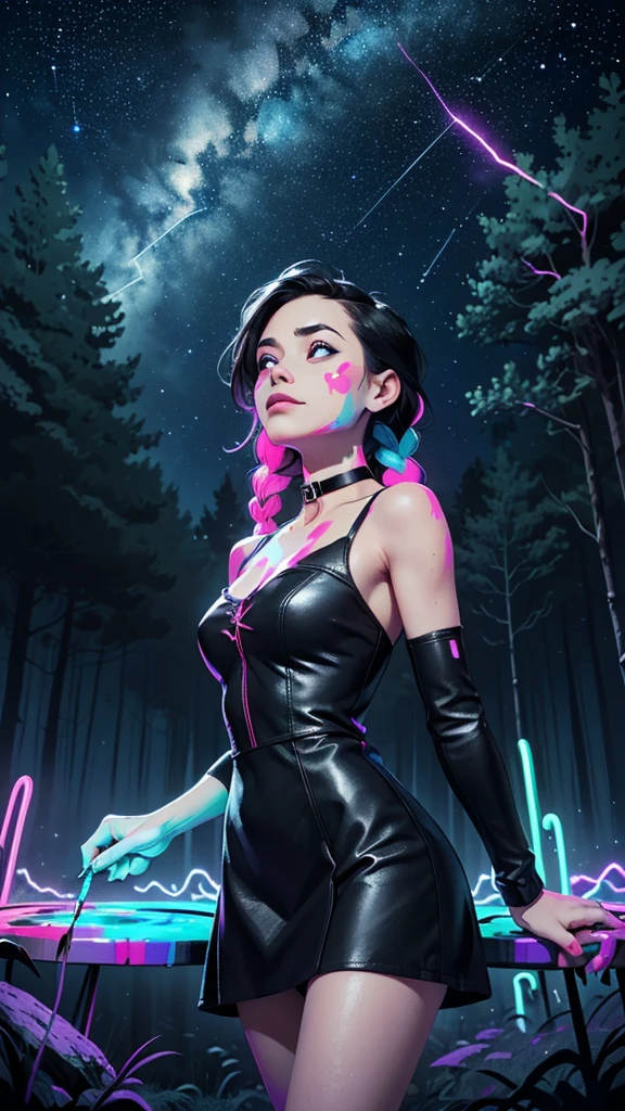 one girl, solo, slender body, fit body, (bust:1.3), (black eyes:1.3), black hair, (two cute braids:1.2), masterpiece, highly detailed, look at viewer, below view, (leather dress, choker:1.4), (long exposure starry sky with many circular orbits, many stars twinkling in a beautiful bright winter night sky, forest, fractal art, bright colors, colors mashing, paint splatter, complimentary colors, neon, compassionate, limited palette:1.3), expressing joy, (dark sky background, thunder, lightnings, electric:1.1)