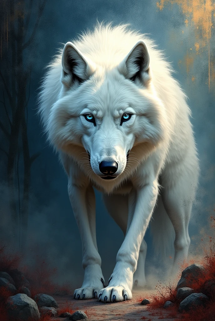Wolf, beutiful white wolf, fantasy Dark horror, abstract colors, hard brush oil painting on canvas,
