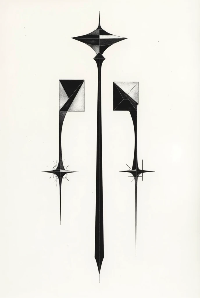 A tattoo design, geometric. Au centre un trait vertical. On the left a geometric hat head. A droite 2 tetes de hatons geometrics
