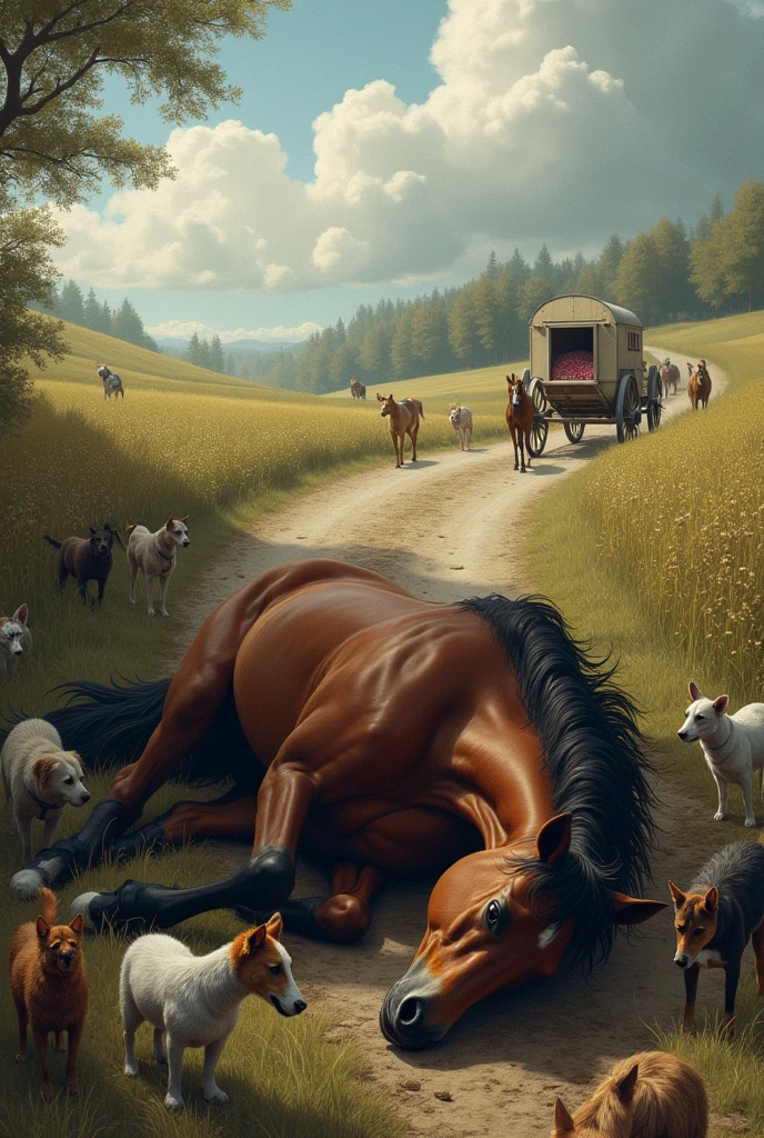 A horse fallen on the ground, surrounded by worried animals and a meat cart approaching.
