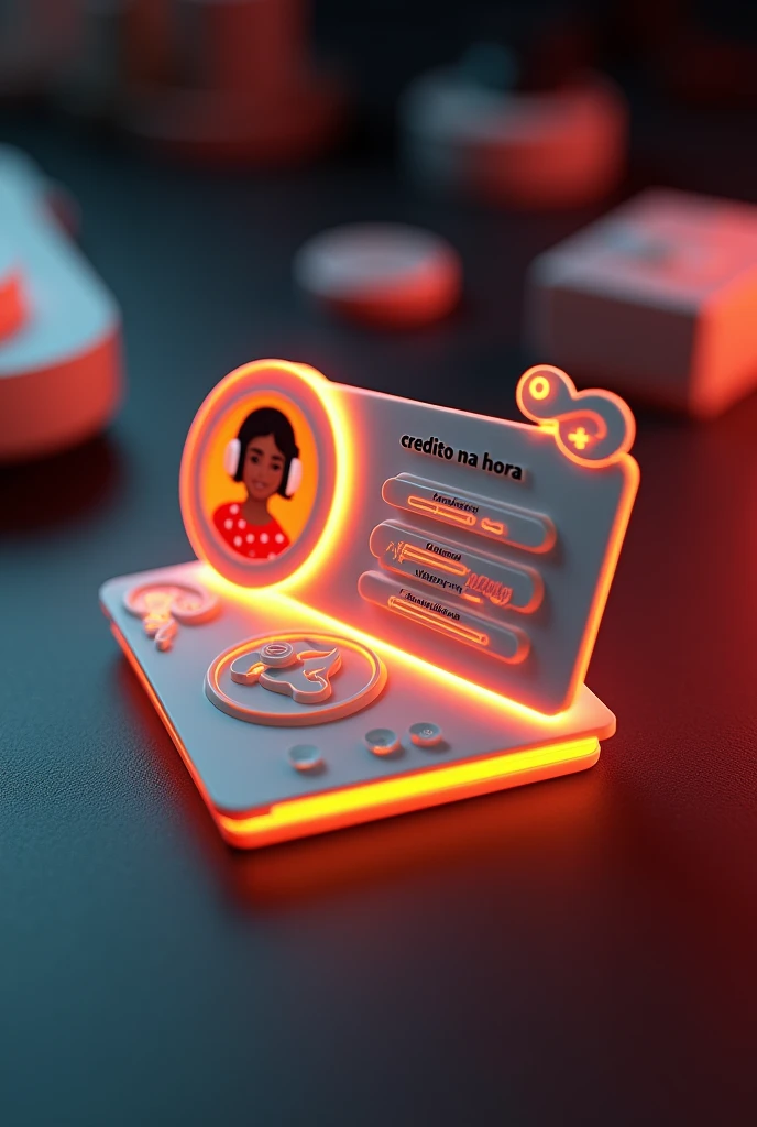 Create a glass personal business card of a WhatsApp profile placed on a black desk, At the top of the card a phrase in the Spanish language that says CREDITO NA HORA and that shows the large WhatsApp logo, create a 3D illustration of a short haired latina woman, You must wear a red blouse with white dots and a white headset. The photo of the woman will be in a circle with the name of the WhatsApp social network user Johana in black below the profile photo and WhatsApp message bubbles., WhatsApp card glows red and yellow on the edge. In one corner is the one held with two fingers.
