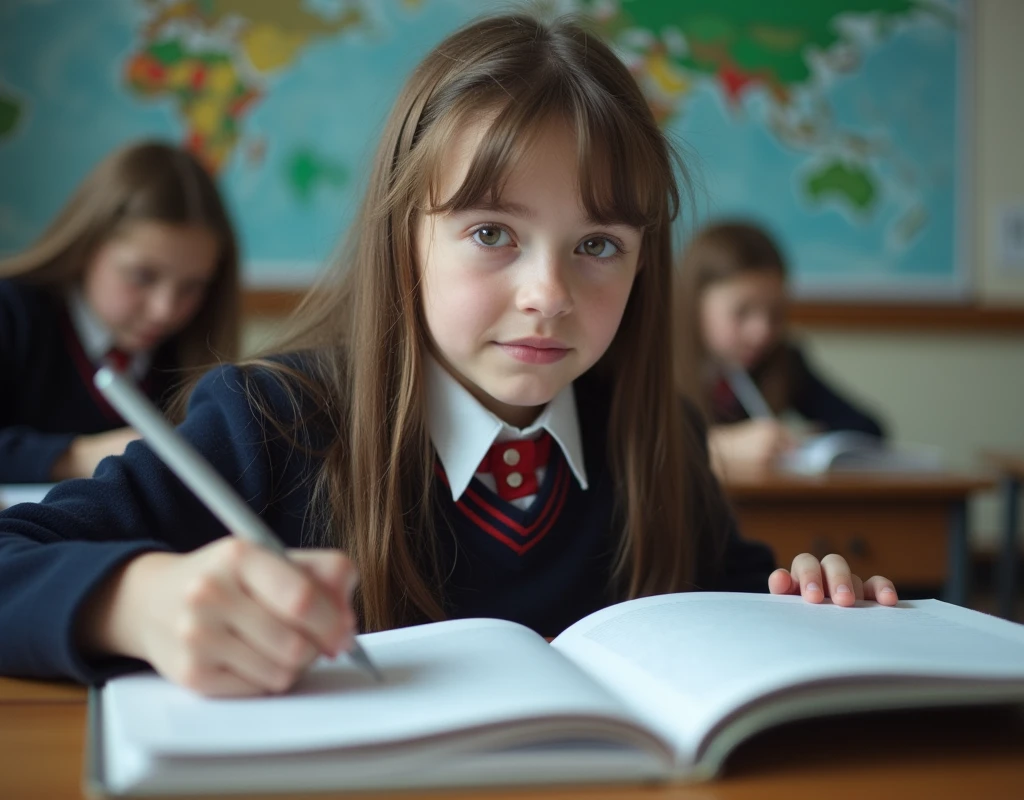Developing cultural and intellectual skills, education according to the curricula prescribed for students , receiving information in the classroom, a close-up picture of a russian student wearing a traditional uniform sitting on a school desk, performing school assignments
