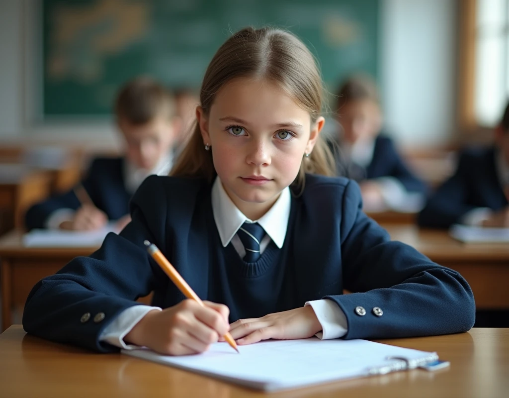 Developing cultural and intellectual skills, education according to the curricula prescribed for students , receiving information in the classroom, a close-up picture of a russian  student wearing a   traditional uniform sitting on a school desk, performing school assignments