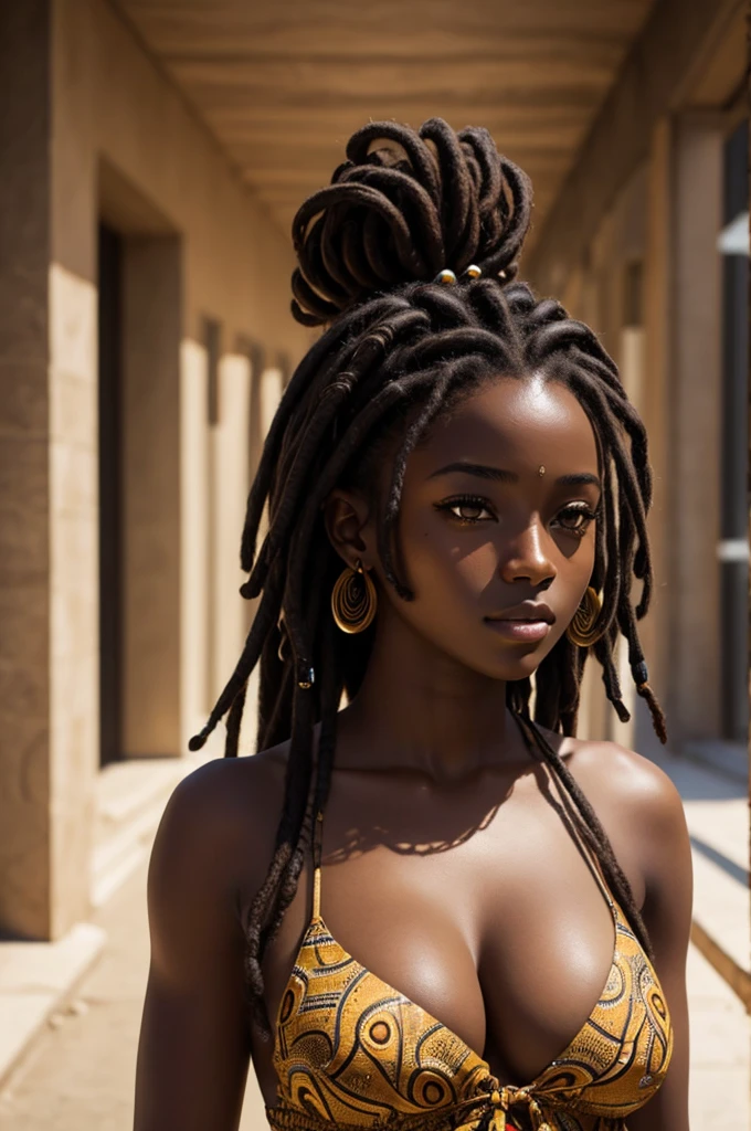 cute dreadlocks hair, chocolate skin, ager, beautiful face, deep ebony, showing big breasts, SFW, upper body light African beauty,