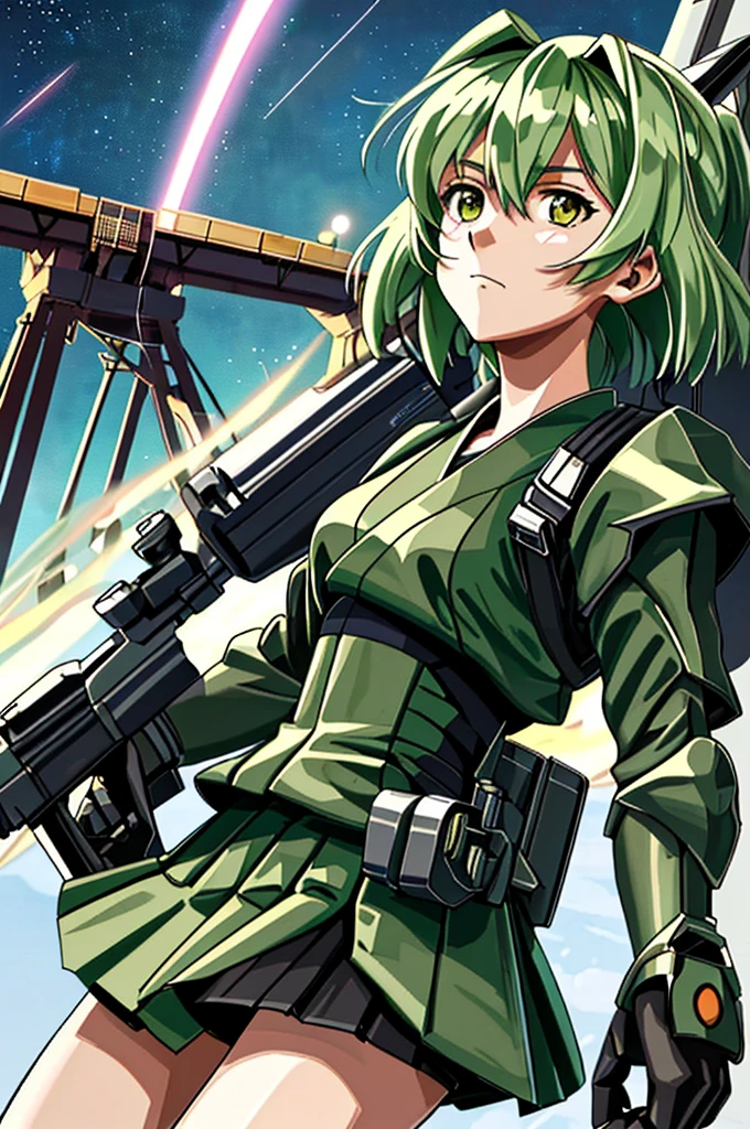 Highest quality,(Kantai Collection),(smug face),Confused eyes_expression,Looking up,(Evening sky_background),Young Girl,Half Up_hair型, 4K,alone, whole body,bridge,A bowl wrap on the head,Big rocket thruster on its back,Ninja,(Pleated skirt),Small breasts,green_pupil,Holding a machine gun,ダークgreen_hair, Hyper Detail