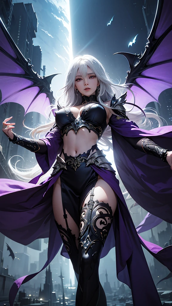 Insanely detailed photograph of a gorgeous vampire woman, goth Renaissance, (long voluminous white hair, floating hair), ((mysterious beautiful face), high detail), detailed purple eyes, (black vampire wings, bat wings, spreading vampire wings so widely), (she is dropping off from dark sky so softly), fantastical, vampire, (wearing a Saint Seiya pegasus armor clothes that is decorated shining dark colorings, sexy midriff, high detail, antitech), ethereal, hyper detailed, 32k resolution, dynamic lighting, hyper detailed, intricately detailed, trending on Artstation, triadic colors,  ((futuristic city landscape in the background, intricate detail )), volumetric lighting, BalenciagaStyle, shoot from below,