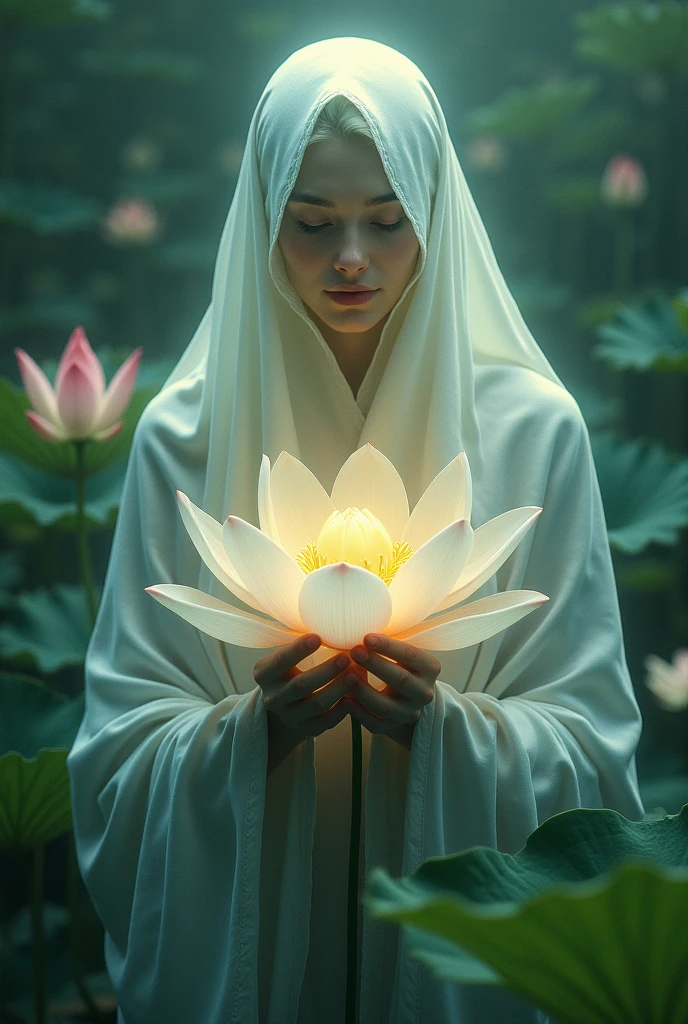 The Holy Spirit in the form of a lotus, Lotus leaves and flowers, Like a person wearing a veil、Woman with unclear face, She has a pleasant and magical aura around her, medieval fantasy, Very detailed,