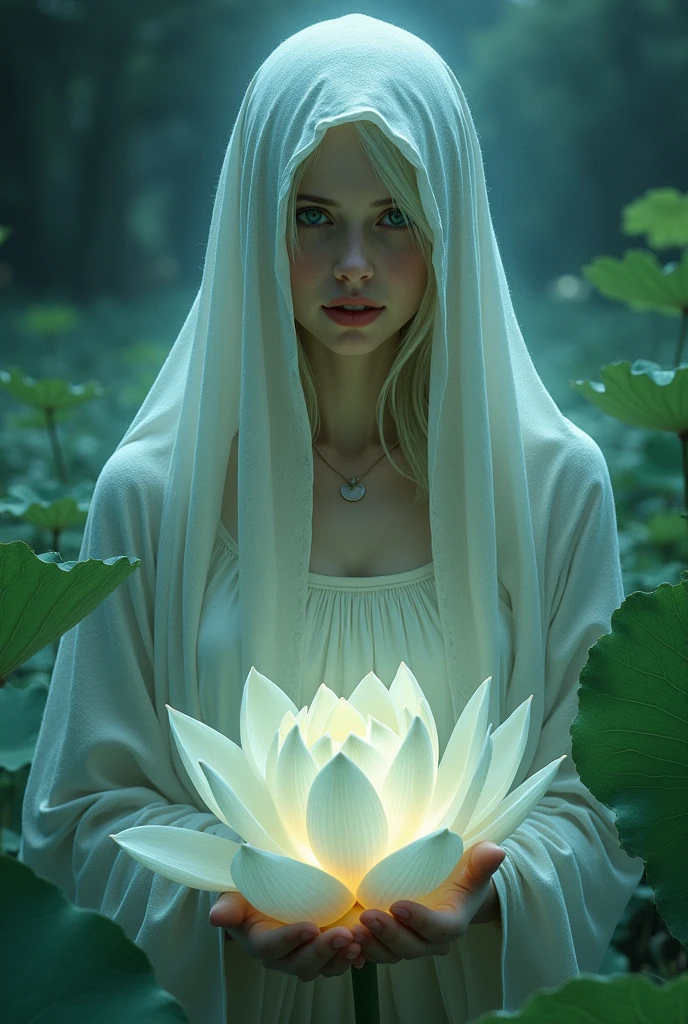 The Holy Spirit in the form of a lotus, Lotus leaves and flowers, Like a person wearing a veil、Woman with unclear face, She has a pleasant and magical aura around her, medieval fantasy, Very detailed,
