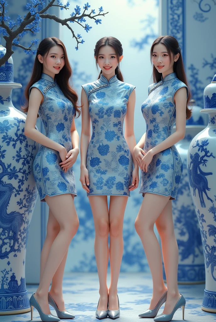 Chinese ladies,Short cheongsam,High heel,Blue and white porcelain
