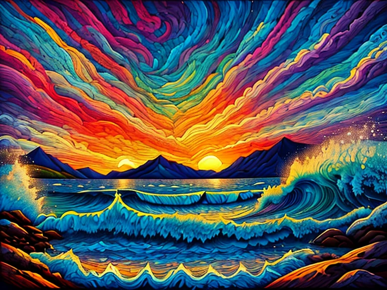 masterpiece, best composition, dynamic composition, colorful landscape painting with sea, big waves and sunset, colorful landscape painting, psychedelic landscape, vivid oil painting, vivid abstract landscape, color field painting. 8K, stunning colorful landscape, detailed impasto, colorful oil painting, psychedelic sky, mountains and colorful sunset! 8K, painted landscape, colorful sky, rocky beach, rough sea, big waves, white waves crashing on rocks, blue coast, blue sea, blue sky, white clouds, midsummer sun, transparent and translucent blue image filters.