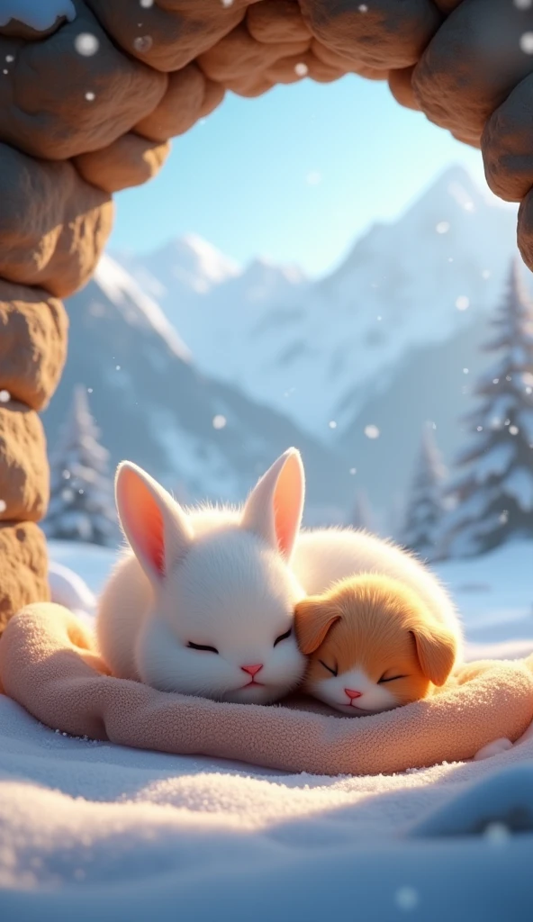 It is night. There is snow all around and snow is falling as well. There are mountains behind which are covered with snow. The background must be clear. There is a small white coloured rabbit who has small ears and whose eyes are very beautiful, his hair is like feathers. And there is a small dog baby is smaller than the rabbit, he is very innocent and is brown in colour. There is a stone cave in which there is light. Both the rabbit and the dog are sleeping together under a blanket and look very cute.image in 3d animation