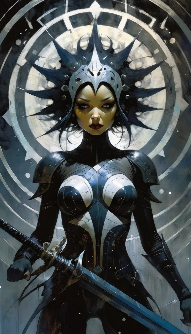 1girl, alone, MANdALA fractal black body paint, sexy, multicolored hair galactic soldier holding a galactic mandala gray sword with both hands, mandala helmet and ready to attack aggressively, ZZZ, ZENLESSZONEZERO, eroticism, sexy, black and white image, between shadows, oil painting, chiaroscuro, sensual, dramatic lighting, moody atmosphere, photorealistic, intricate details, masterpiece, ultra-detailed, high quality, 8k, best quality, realistic, cinematic, dark and brooding, expressionistic, powerful composition, emotional impact, art inspired by Bill Sienkiewicz and Dave McKean