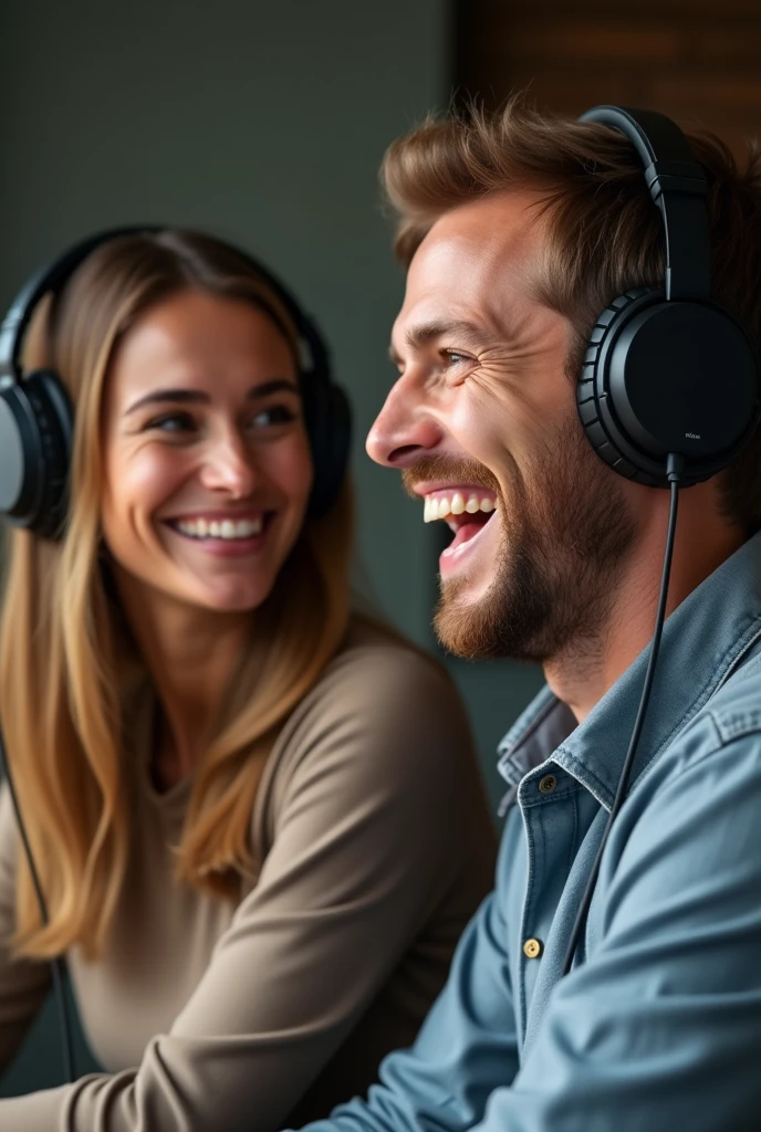 A high-quality, realistic image of a podcast room featuring a beautiful young woman and a handsome man sitting at a table. The camera is zoomed in on their faces, capturing their joyful expressions. The woman is smiling warmly, while the man is laughing heartily with his mouth open. Both of them are wearing headphones, and there is a noticeable yet comfortable distance between them. The background is blurred slightly to keep the focus on their expressions and the details of the headphones. The lighting is soft, enhancing the warmth of the scene."