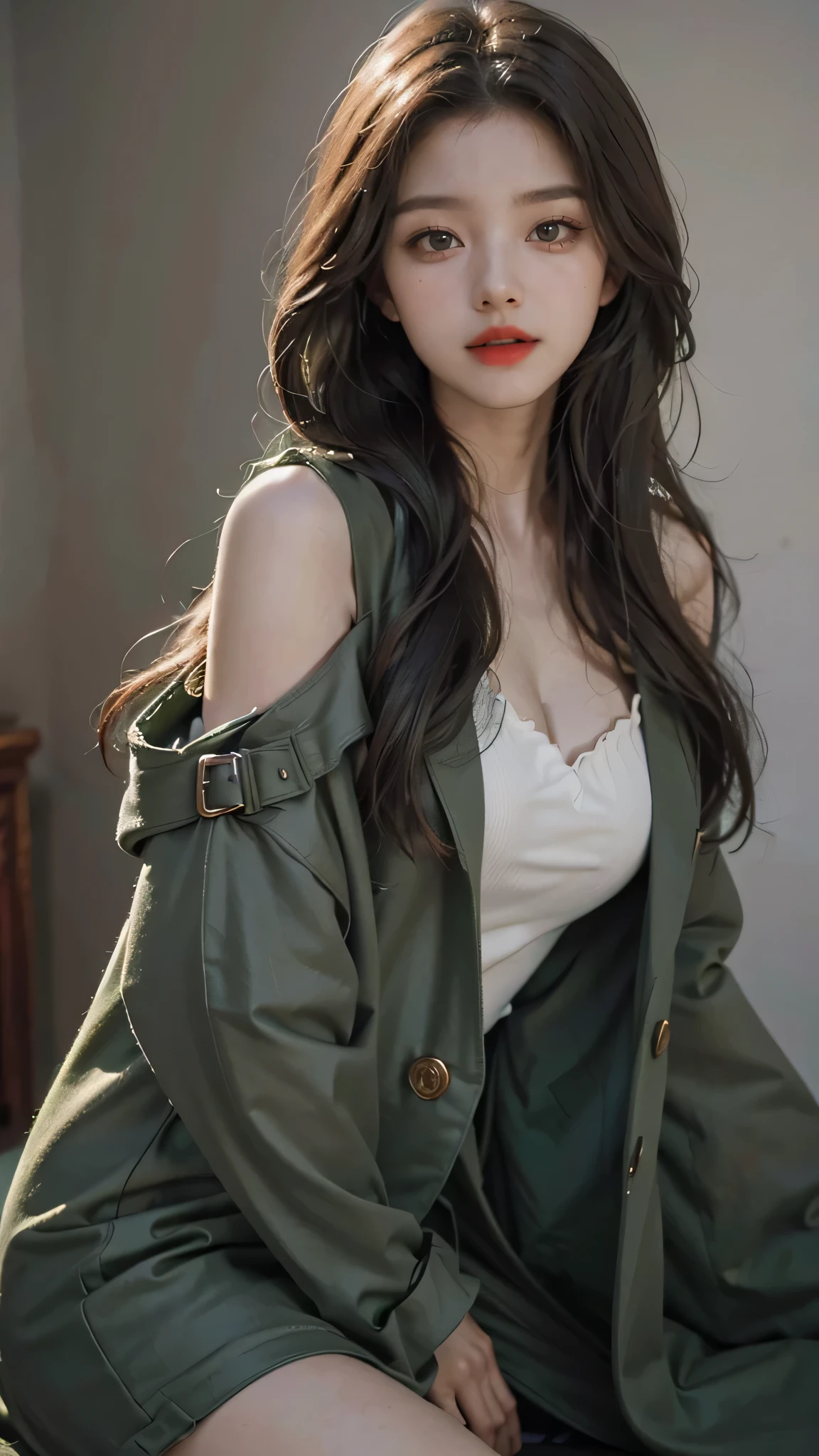 4K HLTRA HD, Masterpiece, best quality, female, nice face, detailed eyes, detailed lips, long hair, straight hair, wearing a cowboy costume, green leather jacket, green clothes, cowboy hat, blurred background, morning, seat, full body capture,