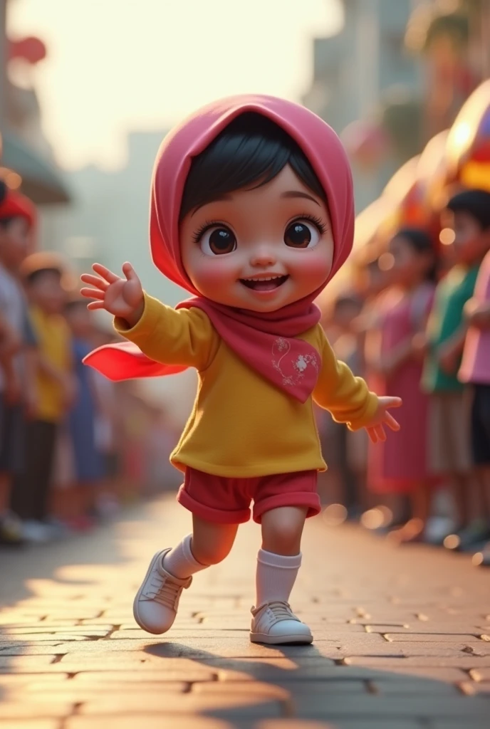 Realistic, adorable, 1girl, hijab, height: 120 cm, Indonesian, baby face, adorable face, cute face, happy, full body shot, (face details: 1), (eye details: 1), ((large breasts)). ((Gigantic breasts)). ((Big breast)). ((Saggiest breasts)). Micro shorts, ((topless)). knee high socks, Cute posed, side view pose, dancing, parade, People in the background, blurry background 0.4, Ultra High Res. realistic: 1.4, UHD